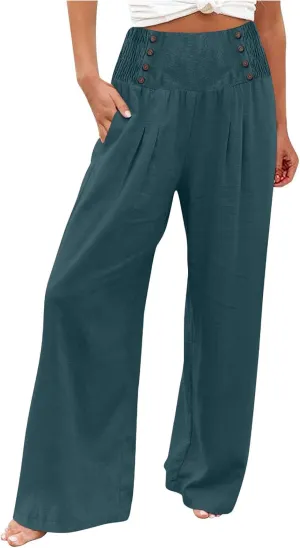 Womens Button Elastic Waisted Linen Trousers Summer Solid Color Casual with Pockets Outing Capris Length Pants 2025