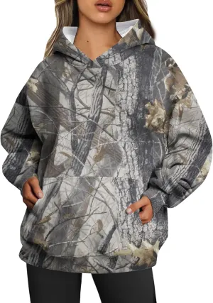 Womens Camo Hoodies Long Sleeve Pullover Fleece Oversized Sweaters Casual Sweatshirt for Teen Girls Tops with PocketW9