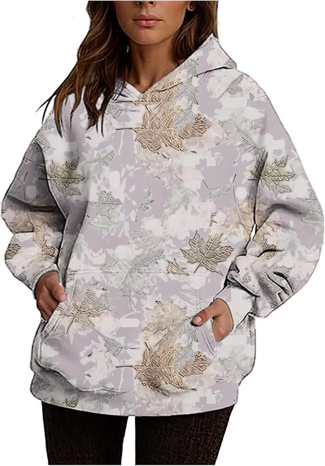 Womens Camo Hoodies Maple Leaf Print Fleece Pullover Oversized Sweatshirts Long Sleeve Sweater Tops with Pockets