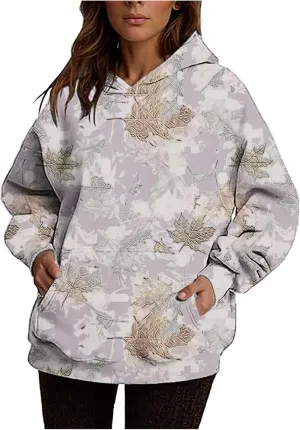 Womens Camo Hoodies Maple Leaf Print Fleece Pullover Oversized Sweatshirts Long Sleeve Sweater Tops with Pockets