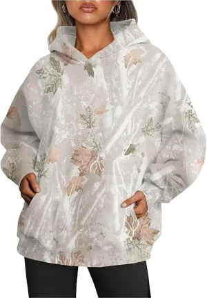 Womens Camo Hoodies Maple Leaf Print Oversized Hooded Camo Sweatshirt,Maple Leaf Print Pullover Tops with Pocket