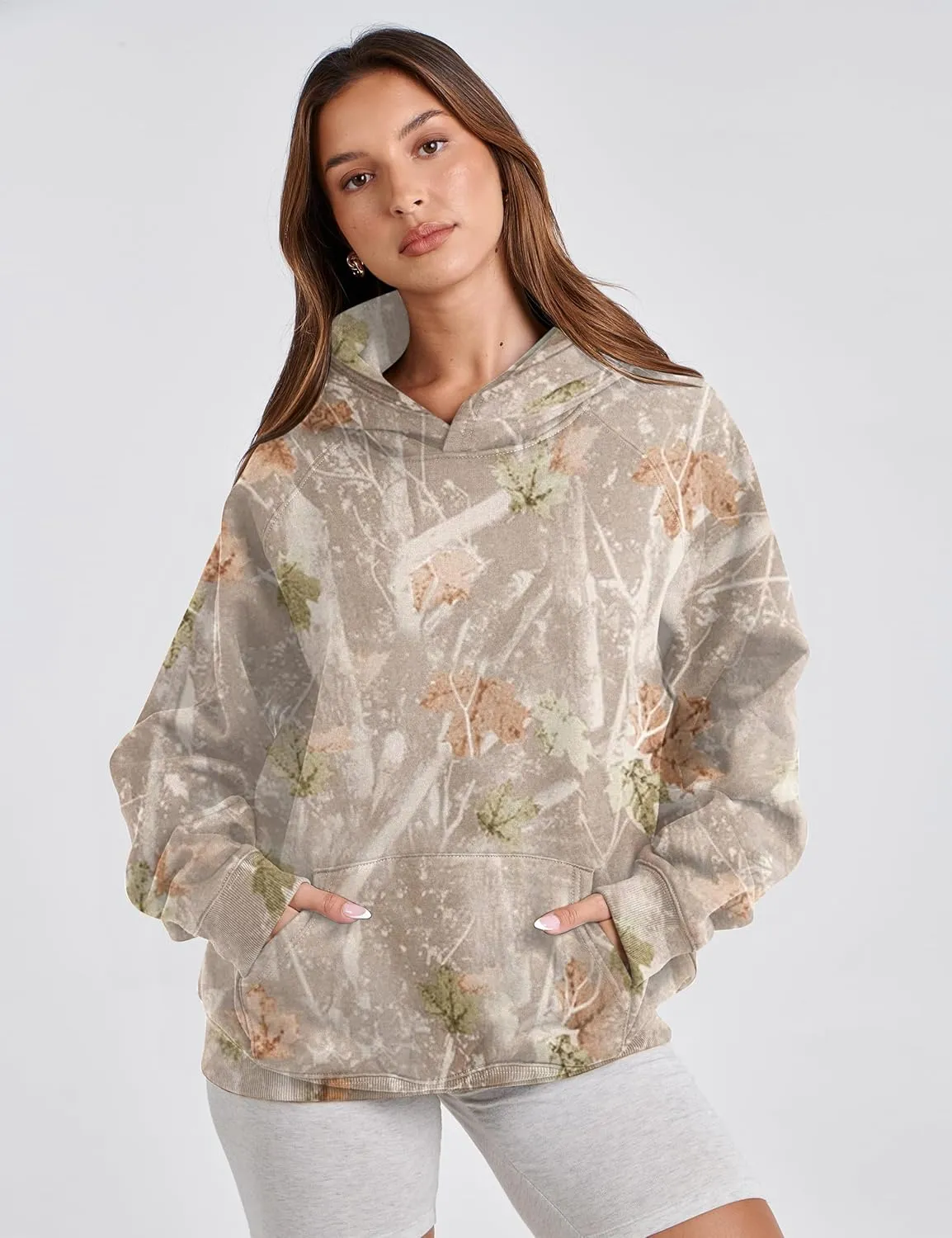 Womens Camo Hoodies Maple Leaf Print Oversized Hooded Sweatshirt Long Sleeve Camouflage Graphic Pullover Sweatshirt