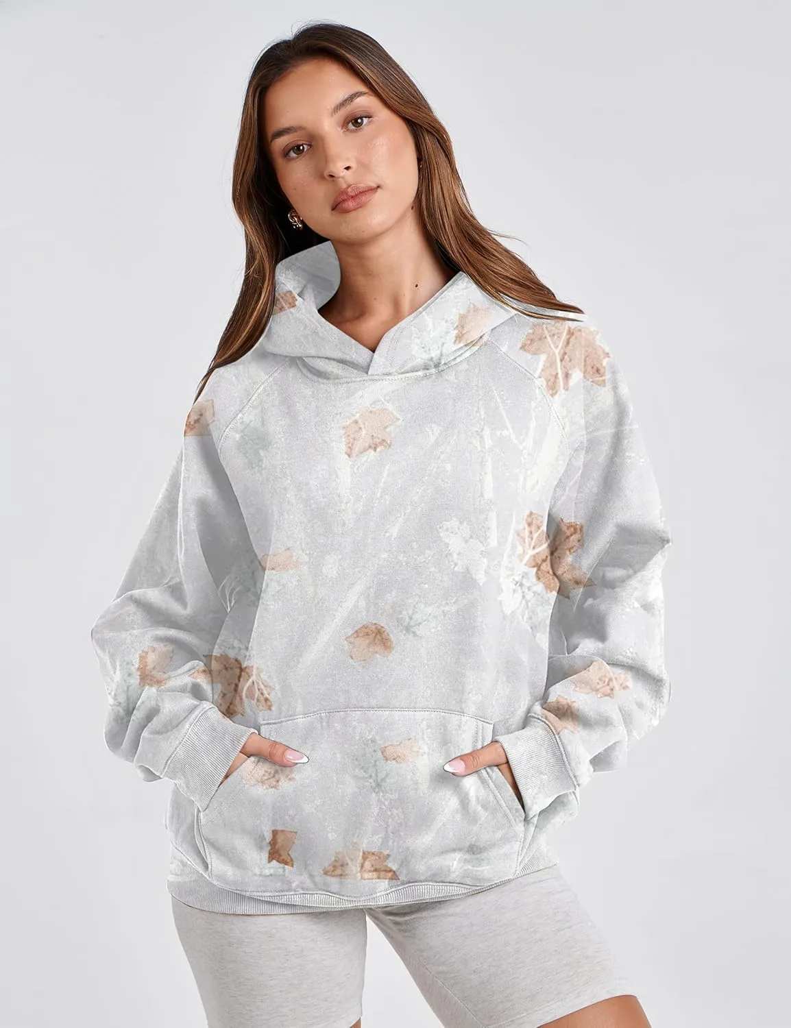 Womens Camo Hoodies Maple Leaf Print Oversized Hooded Sweatshirt Long Sleeve Camouflage Graphic Pullover Sweatshirt