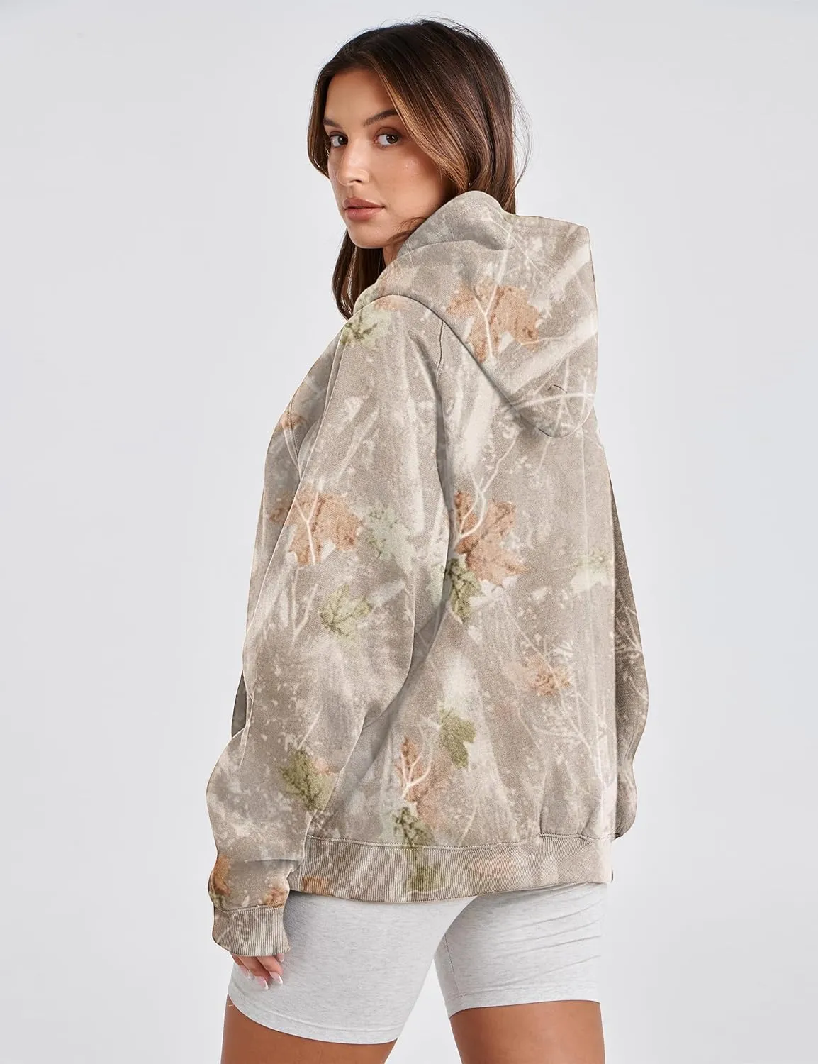 Womens Camo Hoodies Maple Leaf Print Oversized Hooded Sweatshirt Long Sleeve Camouflage Graphic Pullover Sweatshirt