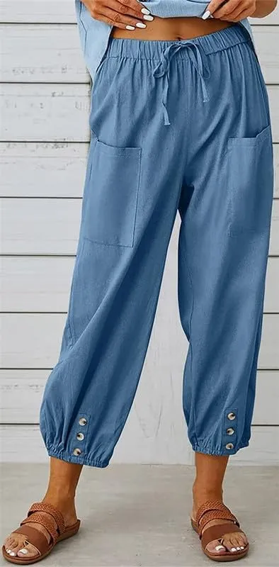 Womens Capri Pants Cotton Linen Cropped Trousers Summer Wide Leg Drawstring High Waist Palazzo Pants with Pockets