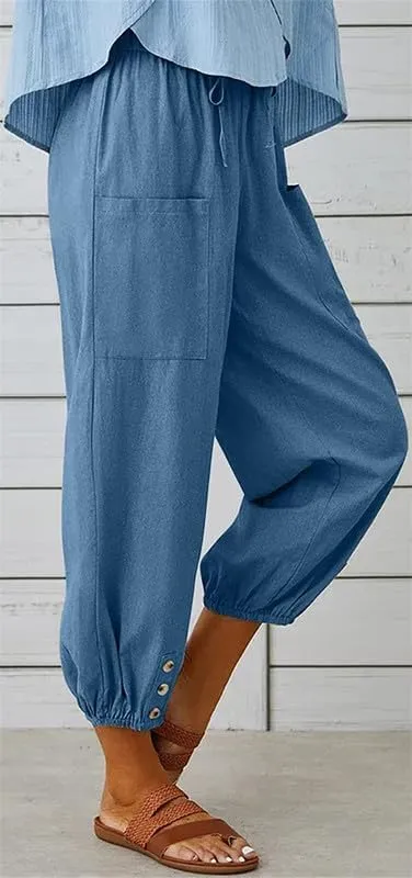 Womens Capri Pants Cotton Linen Cropped Trousers Summer Wide Leg Drawstring High Waist Palazzo Pants with Pockets