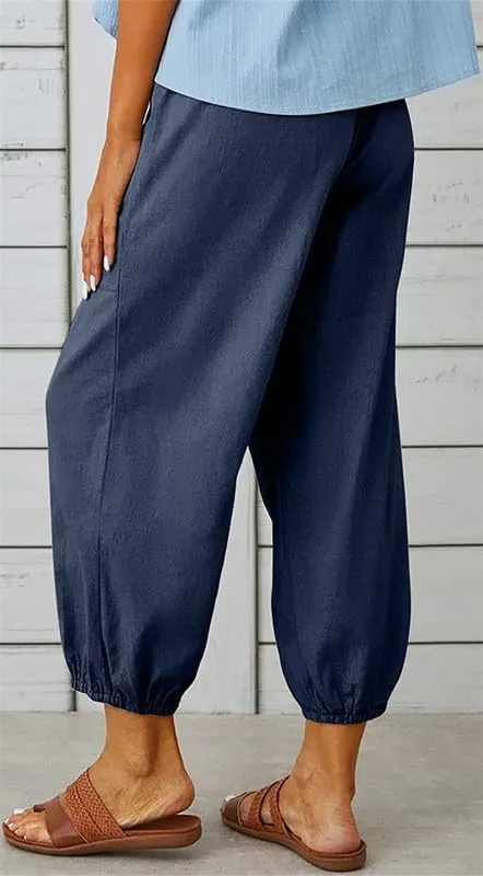 Womens Capri Pants Cotton Linen Cropped Trousers Summer Wide Leg Drawstring High Waist Palazzo Pants with Pockets