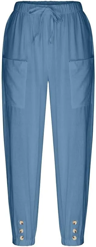 Womens Capri Pants Cotton Linen Cropped Trousers Summer Wide Leg Drawstring High Waist Palazzo Pants with Pockets