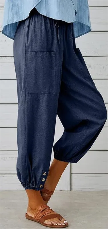 Womens Capri Pants Cotton Linen Cropped Trousers Summer Wide Leg Drawstring High Waist Palazzo Pants with Pockets