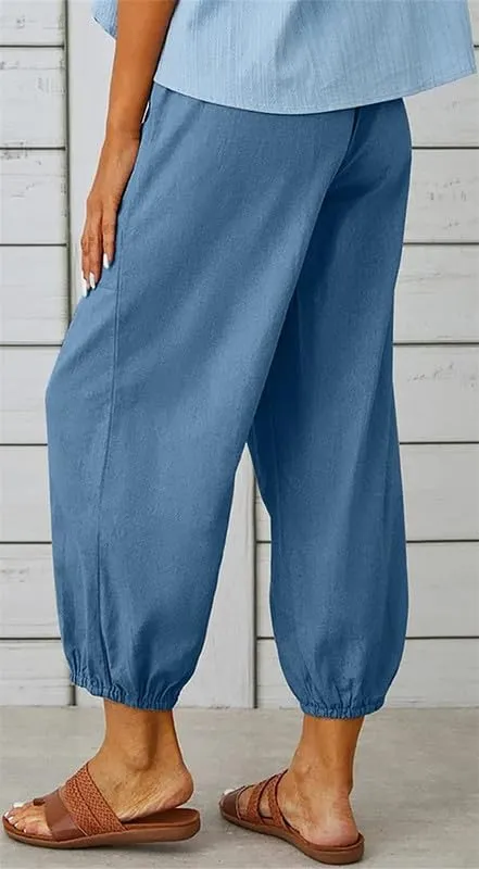 Womens Capri Pants Cotton Linen Cropped Trousers Summer Wide Leg Drawstring High Waist Palazzo Pants with Pockets
