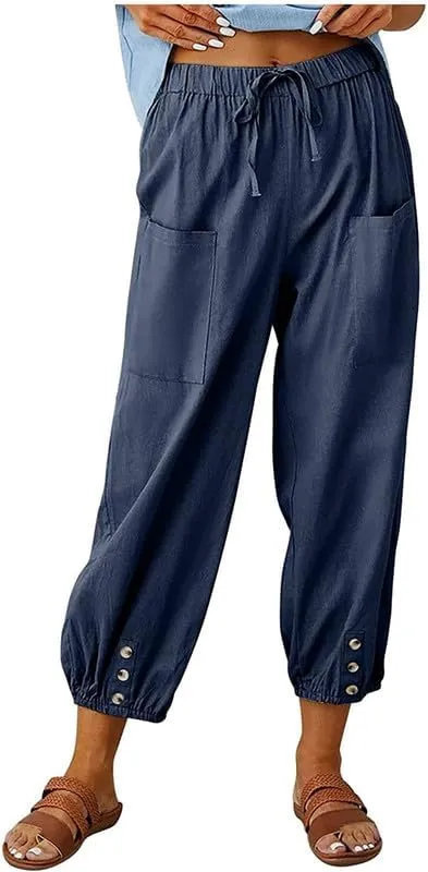 Womens Capri Pants Cotton Linen Cropped Trousers Summer Wide Leg Drawstring High Waist Palazzo Pants with Pockets