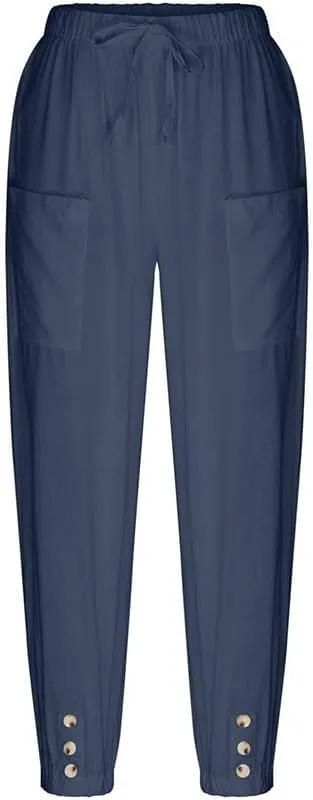 Womens Capri Pants Cotton Linen Cropped Trousers Summer Wide Leg Drawstring High Waist Palazzo Pants with Pockets