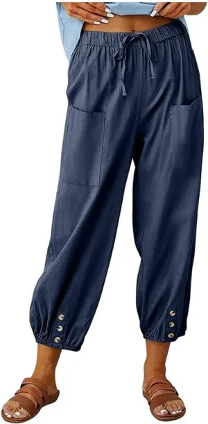 Womens Capri Pants Cotton Linen Cropped Trousers Summer Wide Leg Drawstring High Waist Palazzo Pants with Pockets
