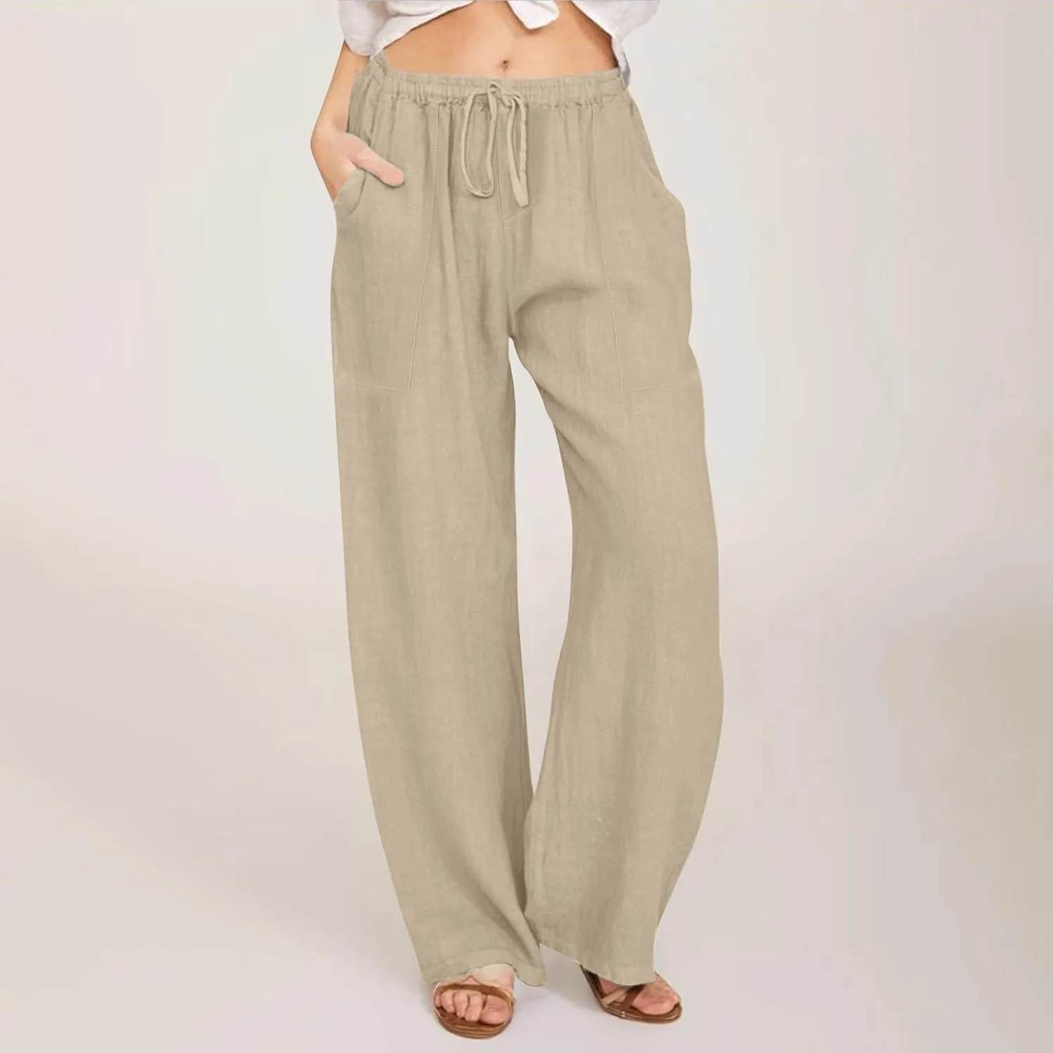 Womens Capri Pants Wide Leg Summer Cotton Linen Cargo, Cargo Pants Women Trousers with Pockets Baggy Low Rise