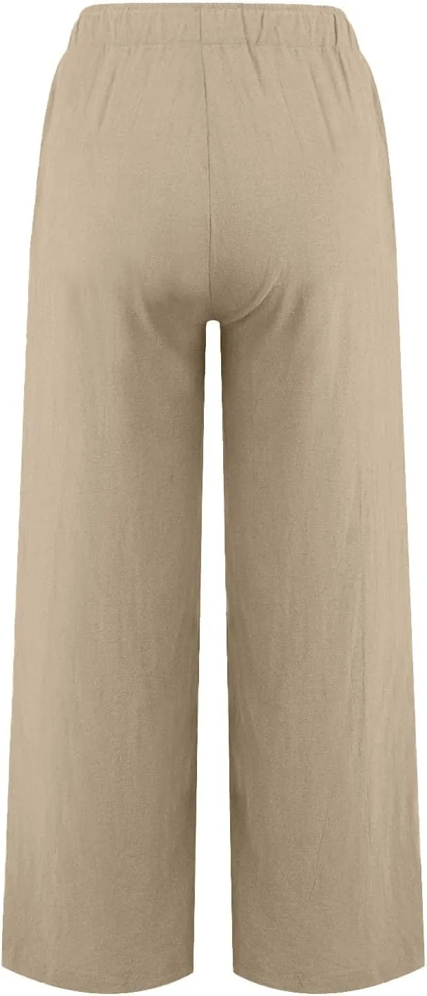 Womens Capri Pants Wide Leg Summer Cotton Linen Cargo, Cargo Pants Women Trousers with Pockets Baggy Low Rise