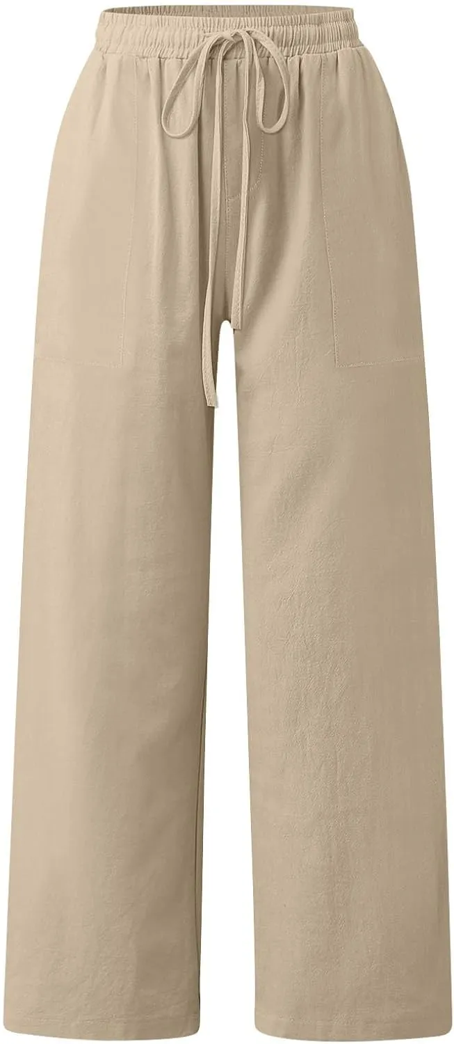 Womens Capri Pants Wide Leg Summer Cotton Linen Cargo, Cargo Pants Women Trousers with Pockets Baggy Low Rise