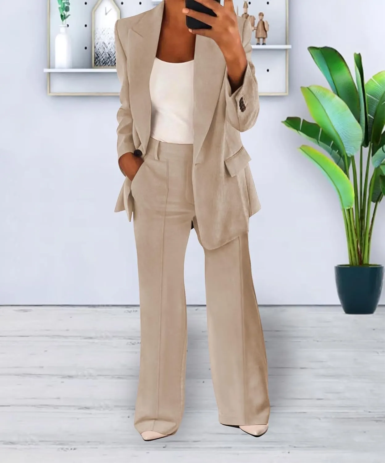 Women's Casual 2 Piece Blazer Jackets Set Loose Long Work Blazer and Dressy Wide Leg Pant Suits with Pockets