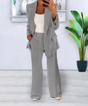 Women's Casual 2 Piece Blazer Jackets Set Loose Long Work Blazer and Dressy Wide Leg Pant Suits with Pockets