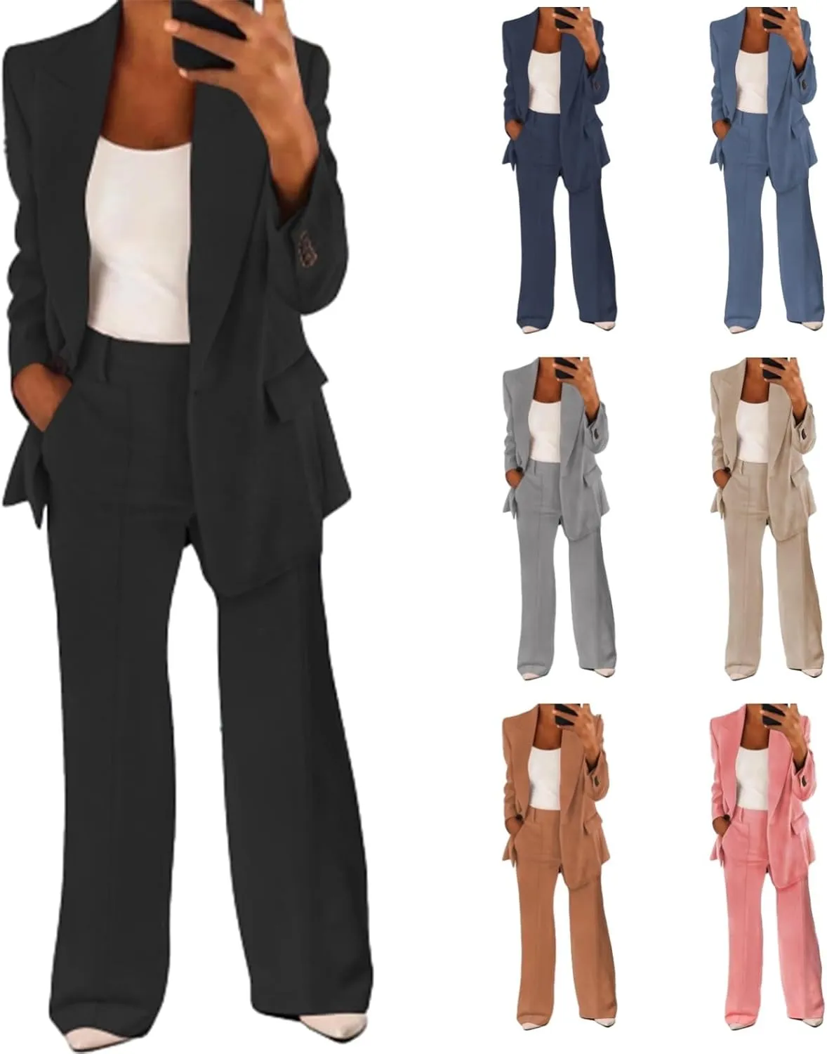 Women's Casual 2 Piece Blazer Jackets Set Loose Long Work Blazer and Dressy Wide Leg Pant Suits with Pockets