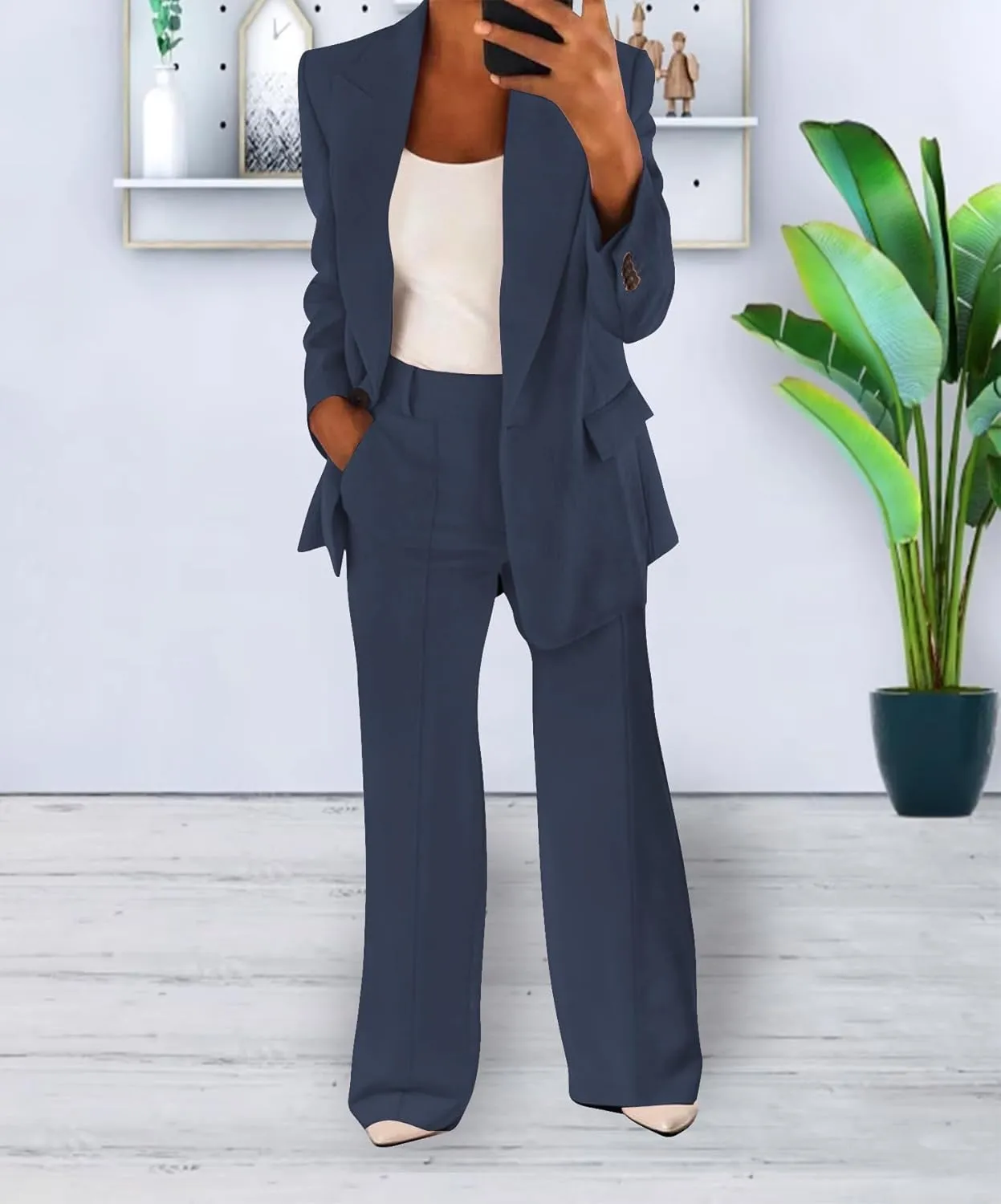 Women's Casual 2 Piece Blazer Jackets Set Loose Long Work Blazer and Dressy Wide Leg Pant Suits with Pockets
