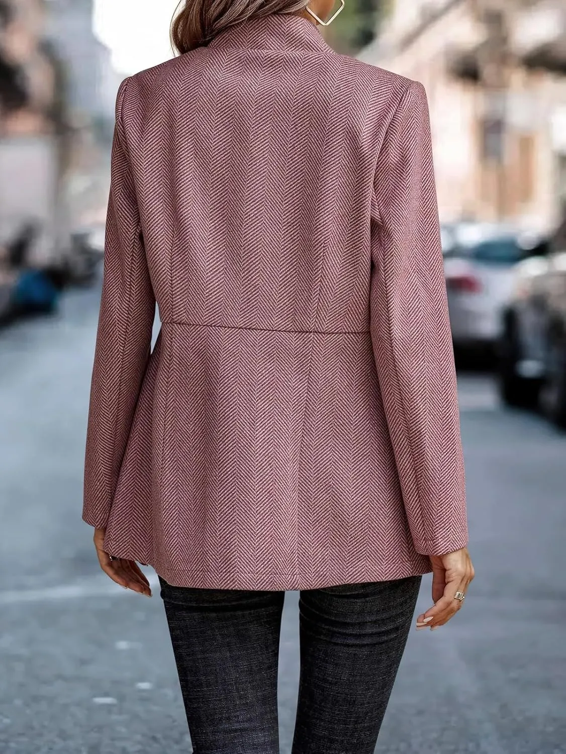 Women's Casual Business Blazer Open Front Long Sleeve Notch Lapel Office Coat Stand Collar Trench Jacket