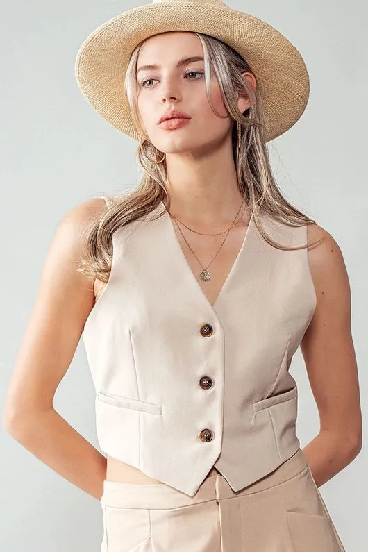 Women's Casual Button Front Cropped Vest in Beige
