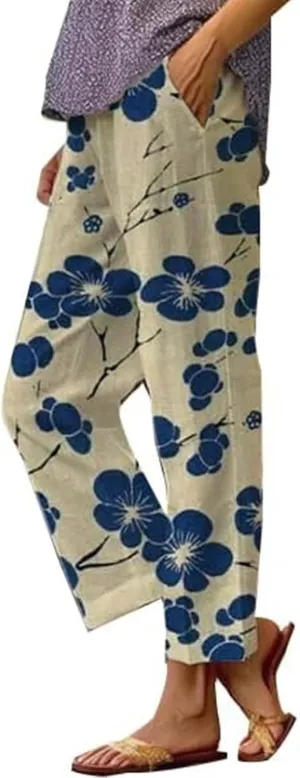 Women's Casual Cotton Linen Pants Boho Floral Printed Elastic Waist Drawstring Summer Beach Baggy Capri with Pockets