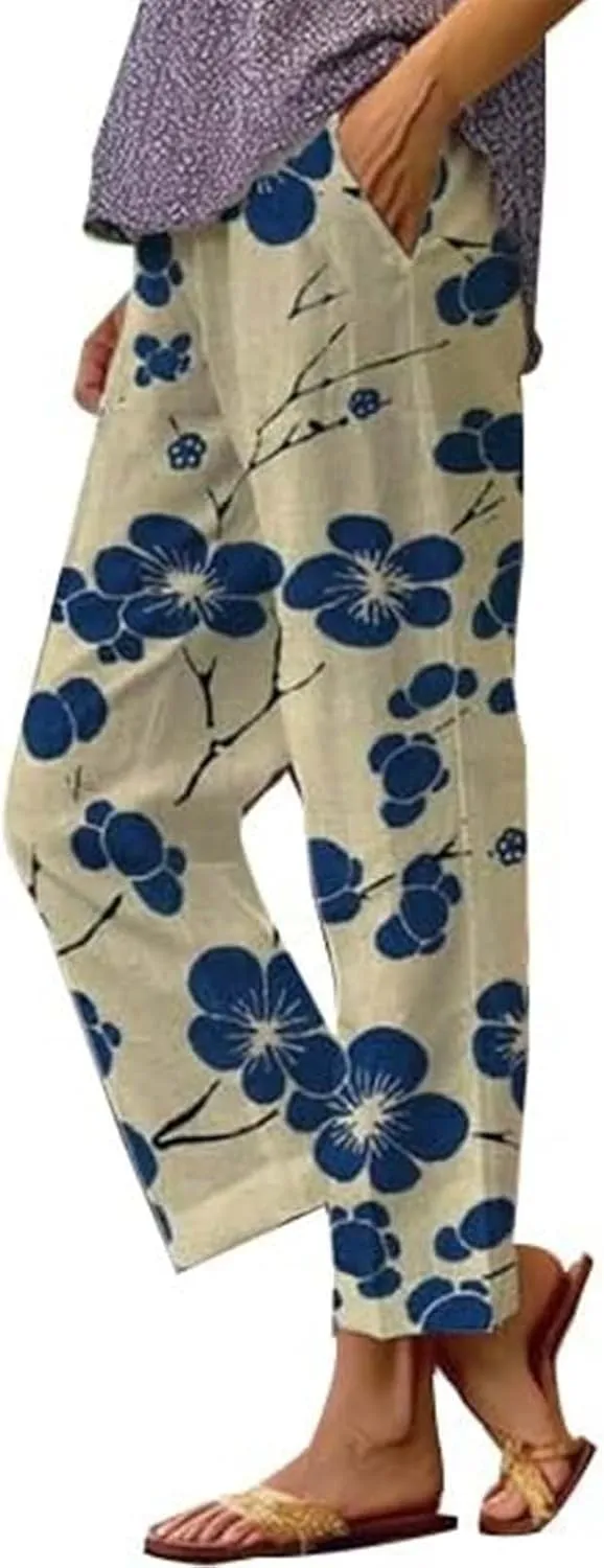 Women's Casual Cotton Linen Pants Boho Floral Printed Elastic Waist Drawstring Summer Beach Baggy Capri with Pockets