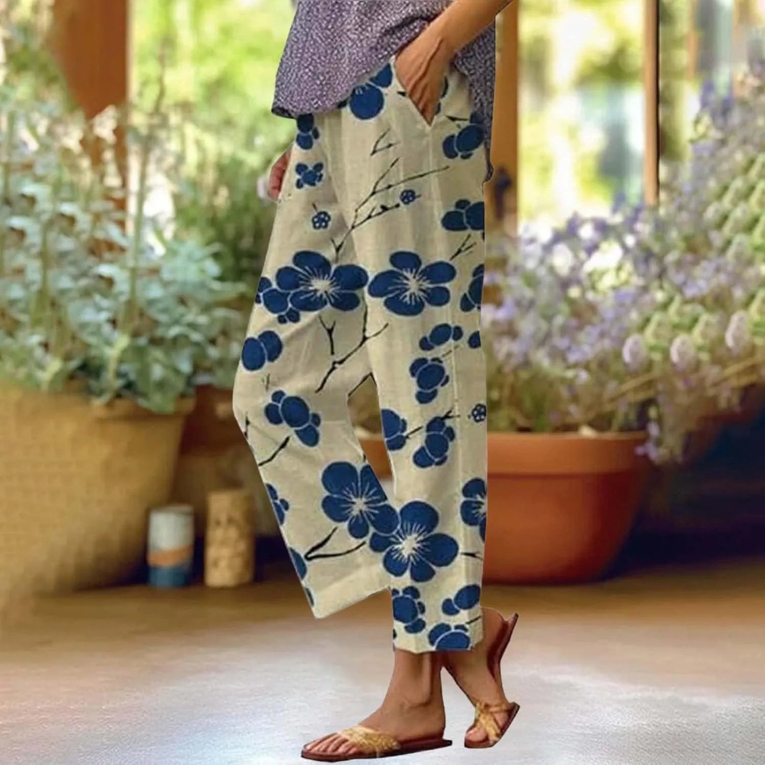 Women's Casual Cotton Linen Pants Boho Floral Printed Elastic Waist Drawstring Summer Beach Baggy Capri with Pockets
