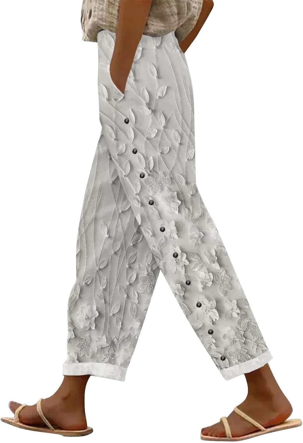 Women's Casual Cotton Linen Pants Capri Elastic Waisted Drawstring Long Trousers with Pocket Summer Spring Beach