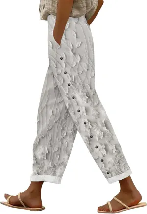 Women's Casual Cotton Linen Pants Capri Elastic Waisted Drawstring Long Trousers with Pocket Summer Spring Beach