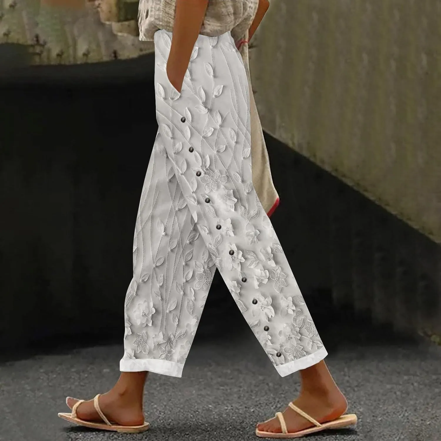 Women's Casual Cotton Linen Pants Capri Elastic Waisted Drawstring Long Trousers with Pocket Summer Spring Beach