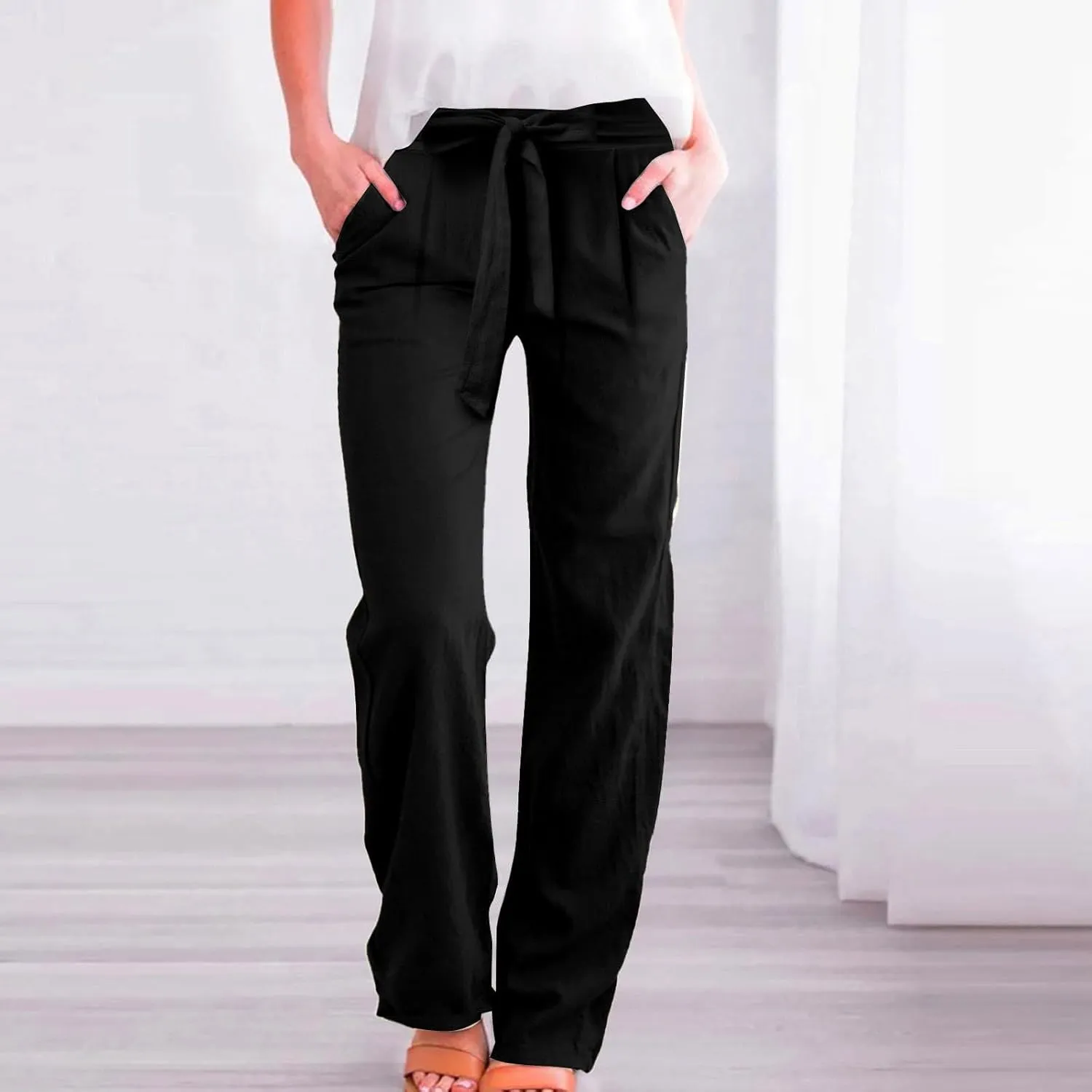 Women's Casual Cotton Linen Pants Elastic Waist Loose Fit Straight Jogger Pants Drawstring Solid Trousers with Pockets
