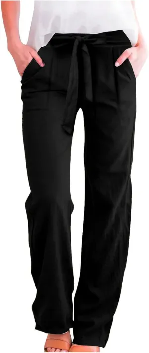 Women's Casual Cotton Linen Pants Elastic Waist Loose Fit Straight Jogger Pants Drawstring Solid Trousers with Pockets