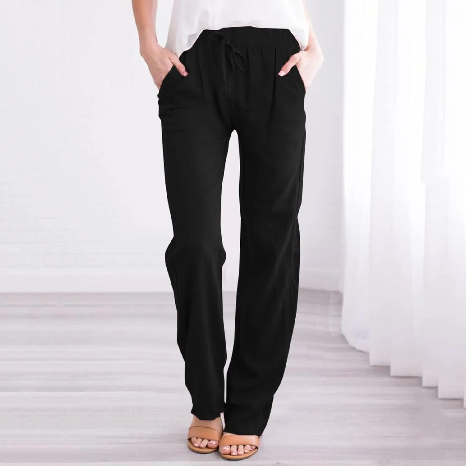 Women's Cotton Linen Capri Pants Solid Loose Fit Baggy High Waisted Casual Summer Vacation Trousers with Pockets