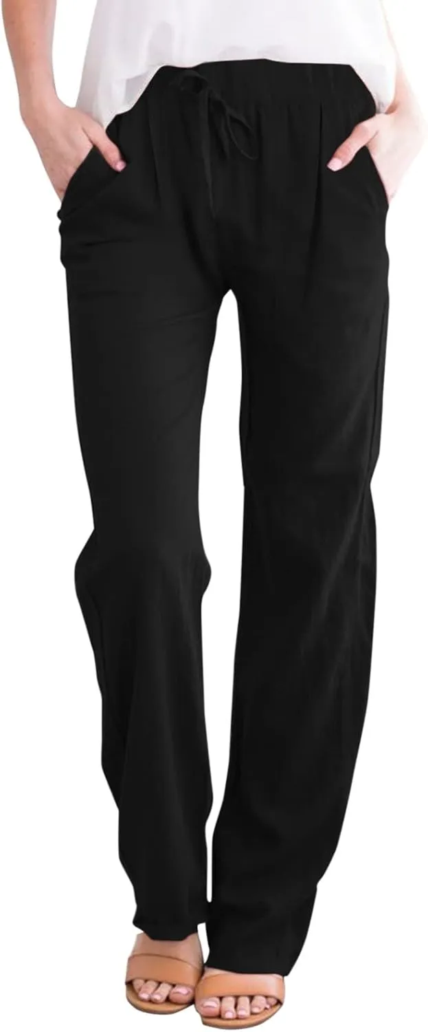 Women's Cotton Linen Capri Pants Solid Loose Fit Baggy High Waisted Casual Summer Vacation Trousers with Pockets