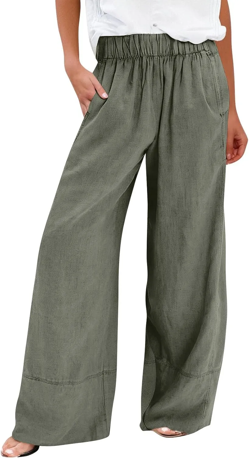 Women's Cotton Linen Palazzo Pants Summer Baggy Casual Wide Leg Pants High Waisted Flowy Lounge Trousers with Pockets