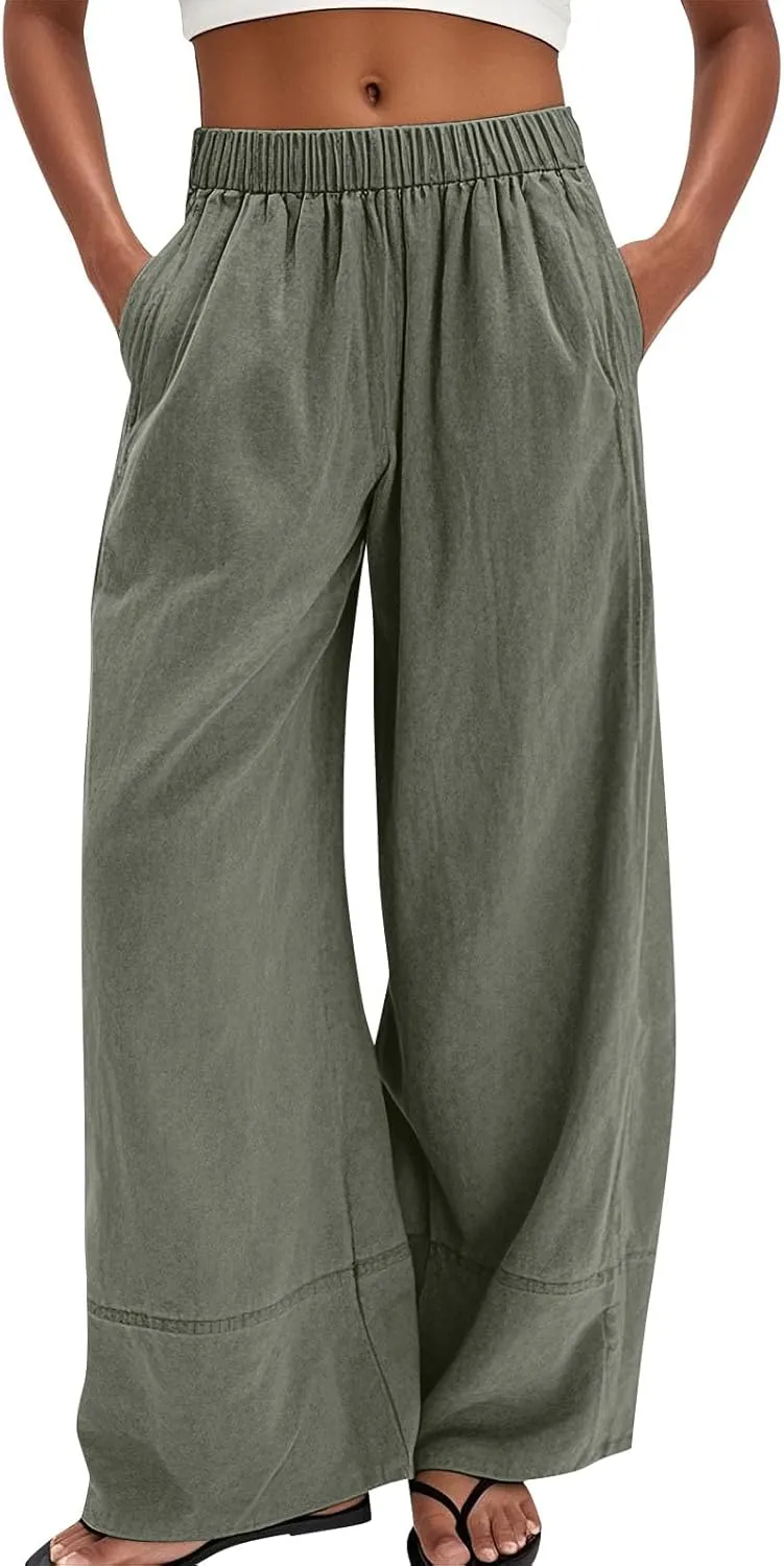 Women's Cotton Linen Palazzo Pants Summer Baggy Casual Wide Leg Pants High Waisted Flowy Lounge Trousers with Pockets
