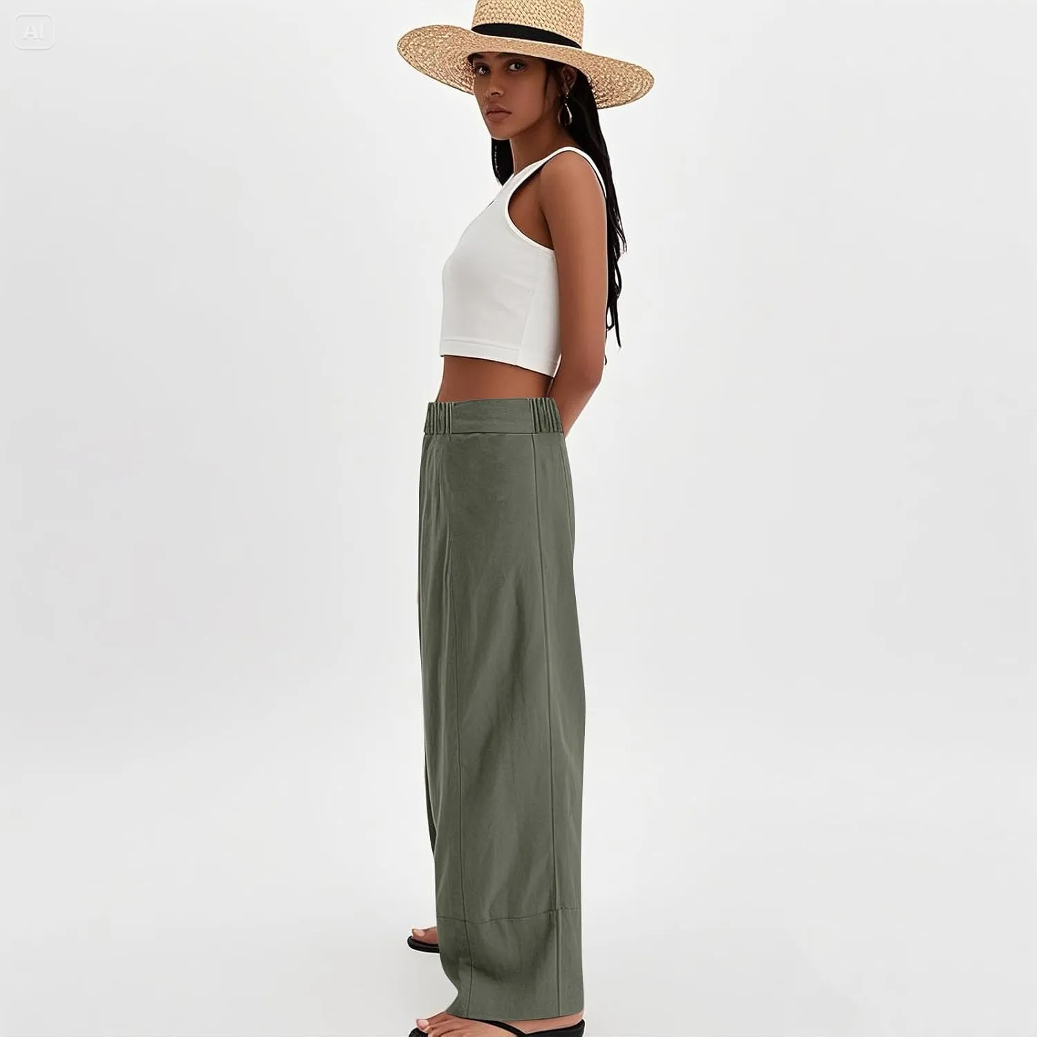 Women's Cotton Linen Palazzo Pants Summer Baggy Casual Wide Leg Pants High Waisted Flowy Lounge Trousers with Pockets