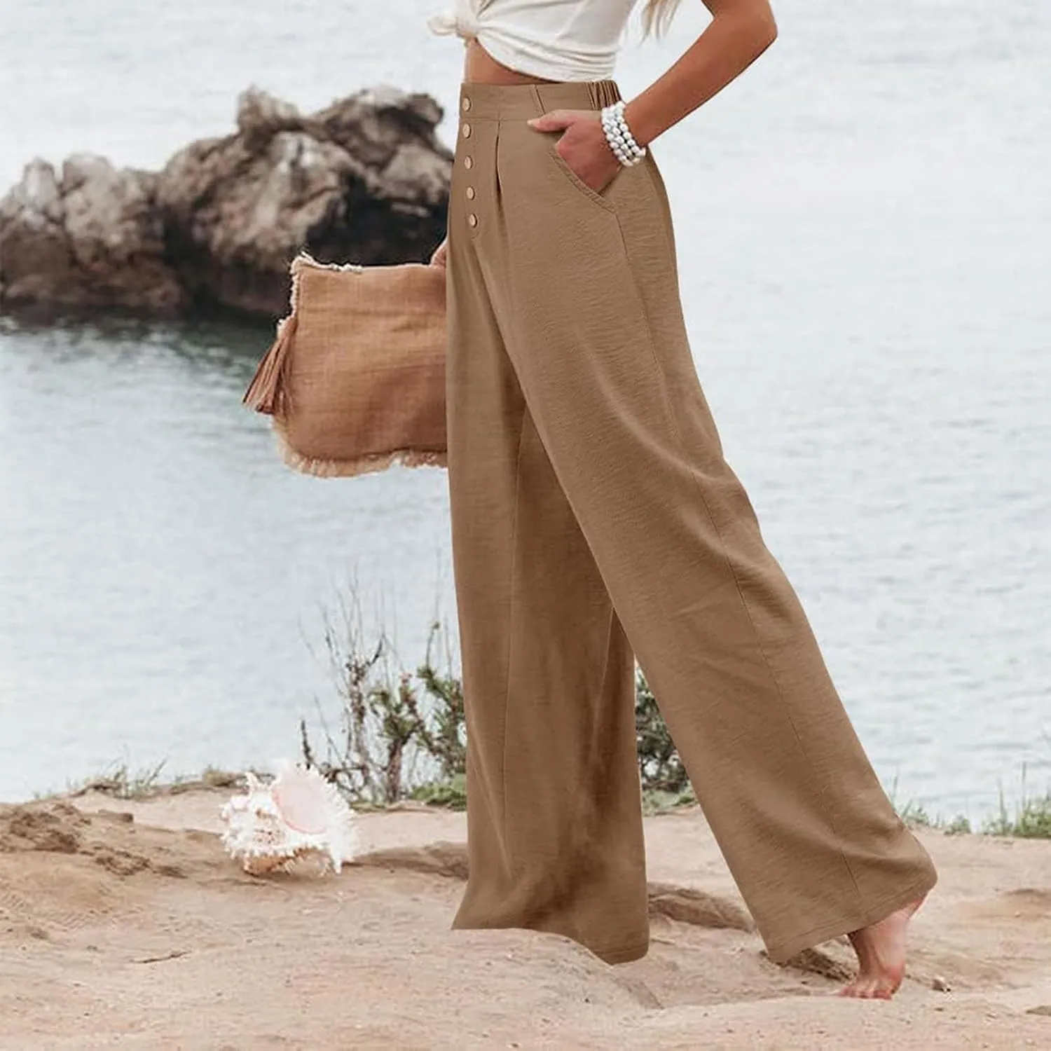 Women's Cotton Linen Pants Casual High Elastic Waisted Wide Leg Pants with Pocket Summer Loose Button Trousers