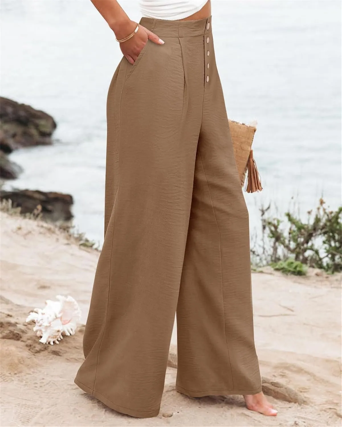 Women's Cotton Linen Pants Casual High Elastic Waisted Wide Leg Pants with Pocket Summer Loose Button Trousers
