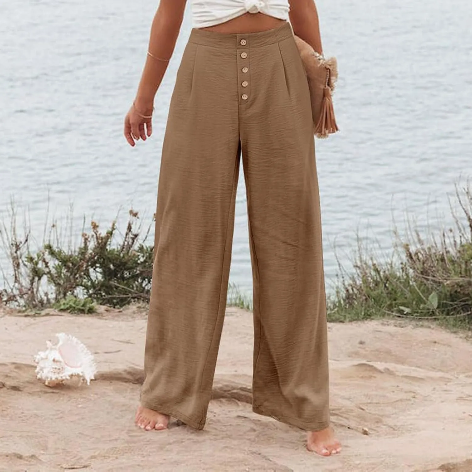 Women's Cotton Linen Pants Casual High Elastic Waisted Wide Leg Pants with Pocket Summer Loose Button Trousers