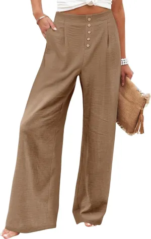 Women's Cotton Linen Pants Casual High Elastic Waisted Wide Leg Pants with Pocket Summer Loose Button Trousers