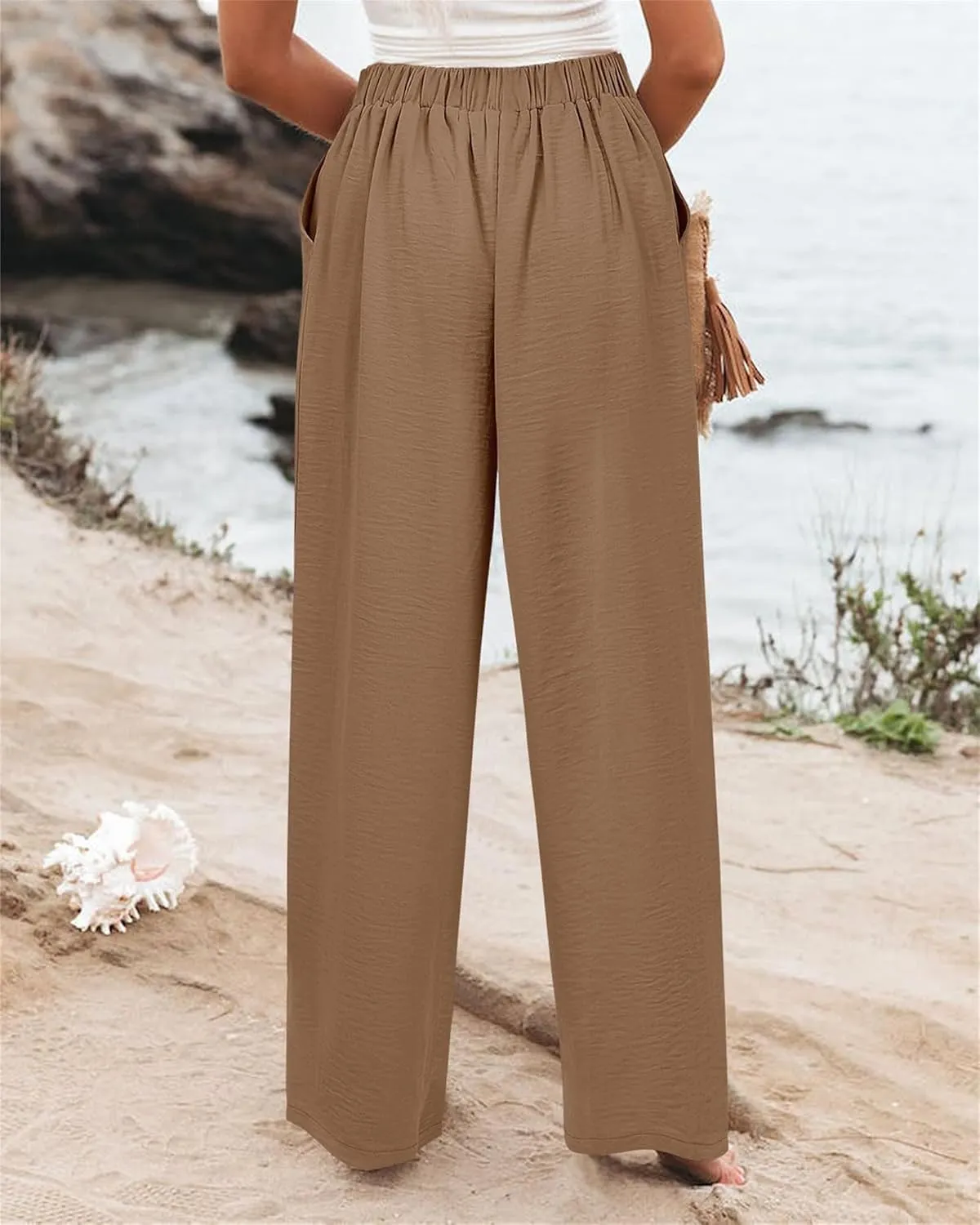 Women's Cotton Linen Pants Casual High Elastic Waisted Wide Leg Pants with Pocket Summer Loose Button Trousers