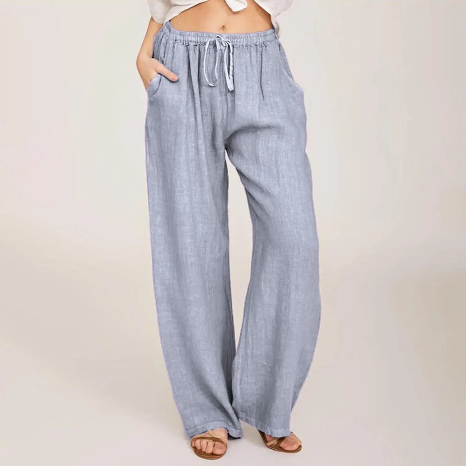 Womens Cotton Linen Pants Elastic High Waisted Palazzo Pants Wide Leg Long Lounge Pant Casual Trousers with Pocket