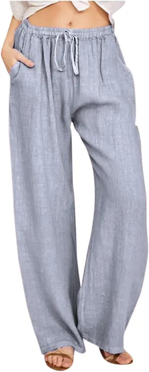 Womens Cotton Linen Pants Elastic High Waisted Palazzo Pants Wide Leg Long Lounge Pant Casual Trousers with Pocket