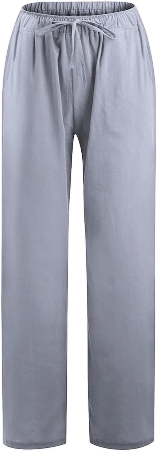 Womens Cotton Linen Pants Elastic High Waisted Palazzo Pants Wide Leg Long Lounge Pant Casual Trousers with Pocket