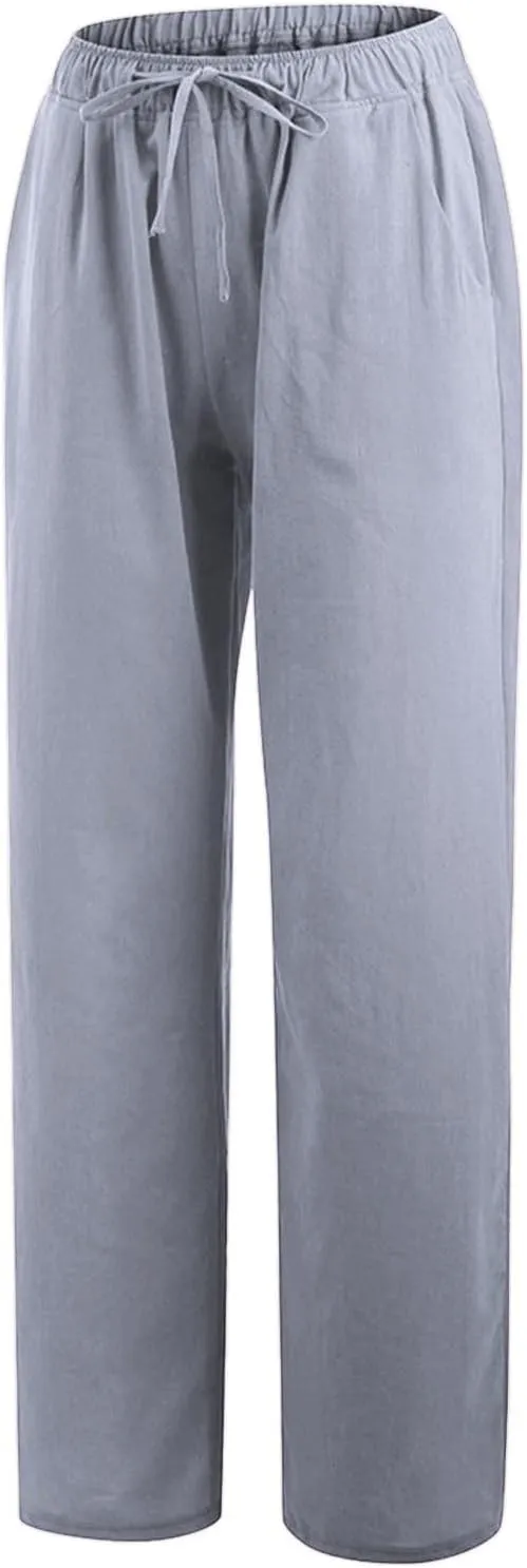 Womens Cotton Linen Pants Elastic High Waisted Palazzo Pants Wide Leg Long Lounge Pant Casual Trousers with Pocket