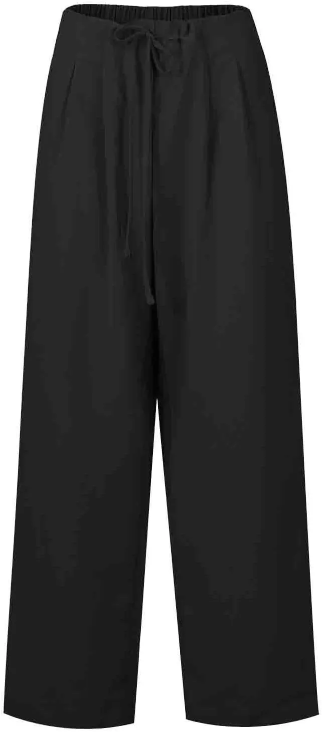 Women's Cotton Linen Pants Summer Drawstring High Waist baggt Wide Leg Pants Casual Loose Trousers with Pockets