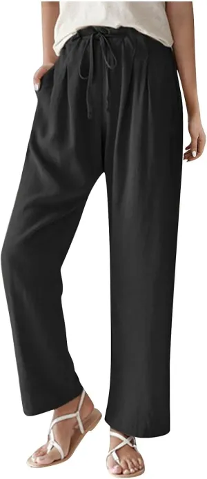 Women's Cotton Linen Pants Summer Drawstring High Waist baggt Wide Leg Pants Casual Loose Trousers with Pockets